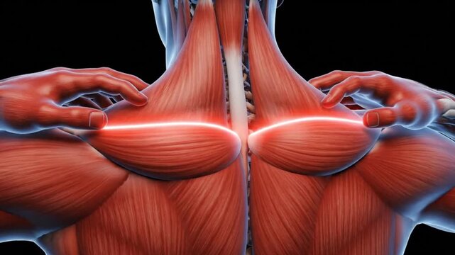 Anatomical illustration of human upper back muscles with highlighted pain points.