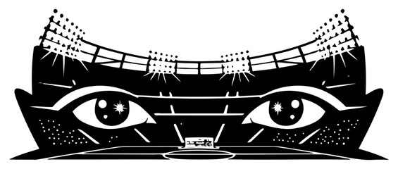 Creative illustration of a soccer stadium with watching eyes integrated into the arena architecture © Mago