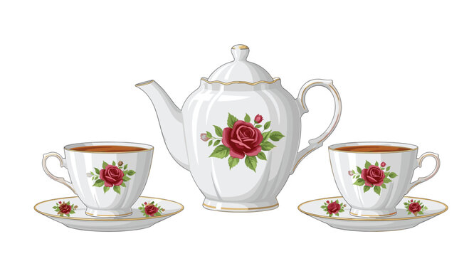 A white porcelain teapot with red rose decals and gold trim is flanked by two matching teacups and saucers on a white background.