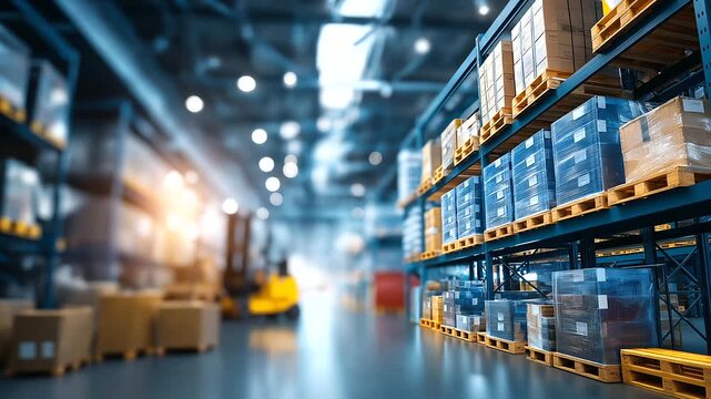 Blurred perspective of industrial warehouse where rows of stacked pallets and organized shipping containers stretch into distance, large-scale operations symbolism, defocused backg