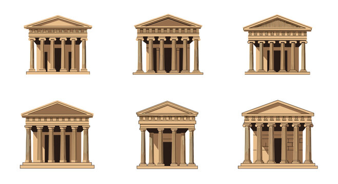 Six isometric illustrations of ancient Greek temples with columns and pediments are arranged in two rows on a white background.