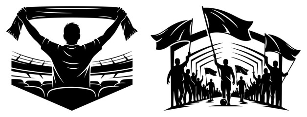 Collection of soccer supporters with flags and scarves celebrating in the stadium arena © Mago