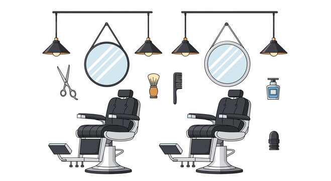 Two identical black leather barber chairs are symmetrically arranged with round mirrors, hanging lamps, and various grooming accessories.
