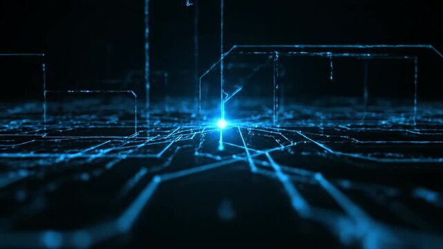 Glowing sphere surrounded by interconnected lines, suggesting a network or digital world. Blue light and darkness dominate, showcasing futuristic connections