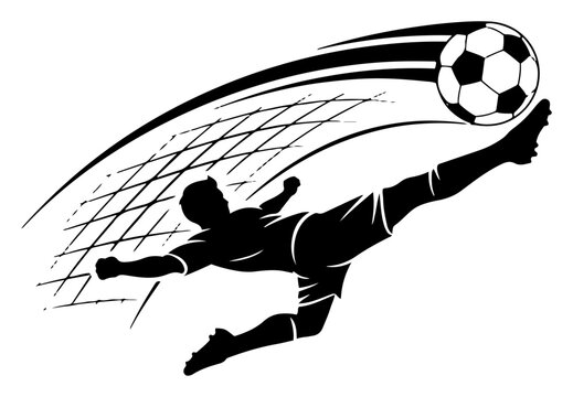 Silhouette of a soccer player performing an acrobatic bicycle kick toward the goal net