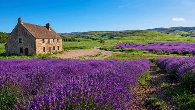 Serene countryside lavender fields with quaint stone cottage amidst rolling green hills rural scenery, farm life, and cozy atmosphere