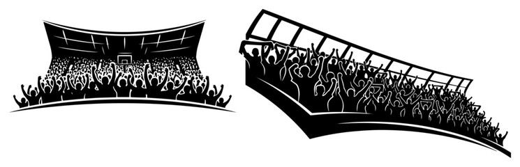 Black and white illustration of crowded soccer stadium stands with cheering fans © Mago
