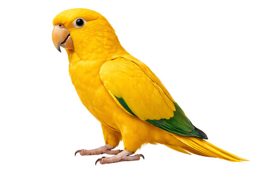 Vibrant yellow golden conure parrot isolated on a transparent background png in a studio profile shot