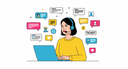 Woman working on laptop with headset surrounded by social media icons and chat bubbles in a digital communication environment