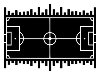 Schematic top view of a soccer field pitch with detailed markings and stylized borders © Mago
