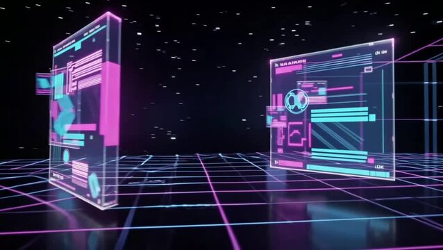 Immersive futuristic virtual stage suitable for online conferences, digital events, blockchain marketing, and Web3 presentations.