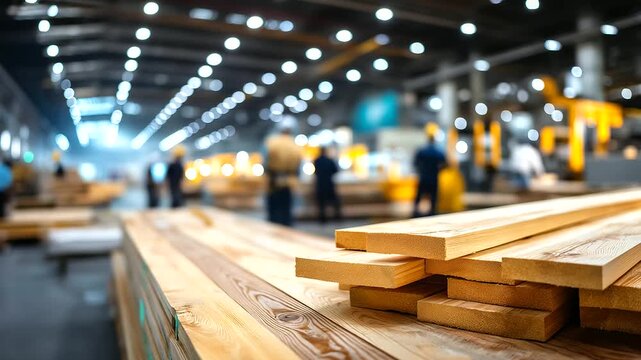 Neatly stacked engineered wood panels ready for shipment, spacious factory illuminated by overhead lights, workers and equipment visible faceless, defocused background, with copy s