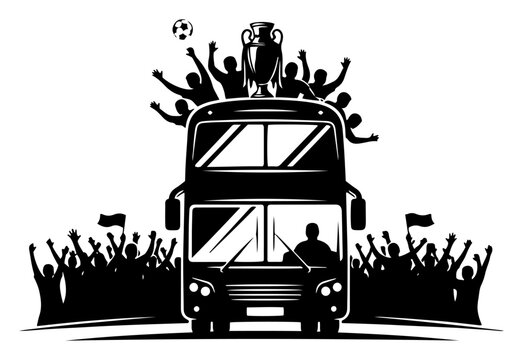 Champion soccer team parade on a bus with fans celebrating a major victory