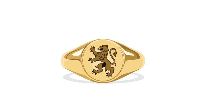 A gleaming gold signet ring with an intricately engraved lion crest on its oval face is prominently displayed against a warm, light beige backdrop.