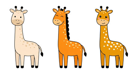 Fototapeta premium Three adorable giraffe characters standing side by side in different colors and patterns. Cute animal illustration for children's rooms and nurseries.
