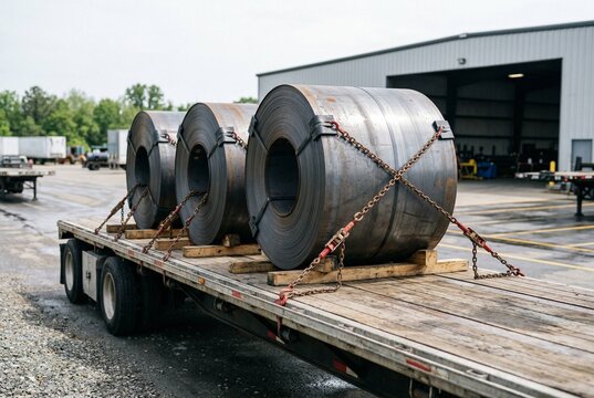 Side view of heavy steel coils securely stacked on a flatbed trailer with rugged chains and protective edge guards, captured in an industrial loading area under bright overcast light