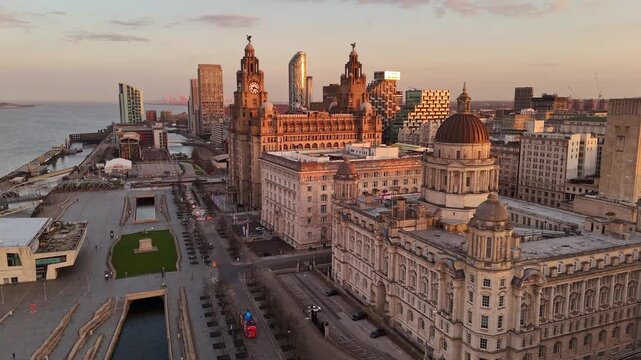 Aerial Sunrise View of Liverpool Waterfront and Three Graces Skyline