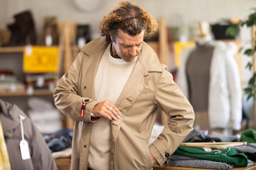 Man try on beige cloak raincoat in front of mirror in clothes store. Customer is trying on clothes...