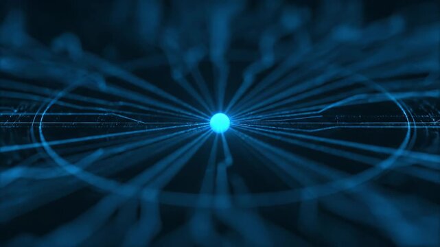Glowing sphere at the core of a network with radiating lines, representing data flow, in blue