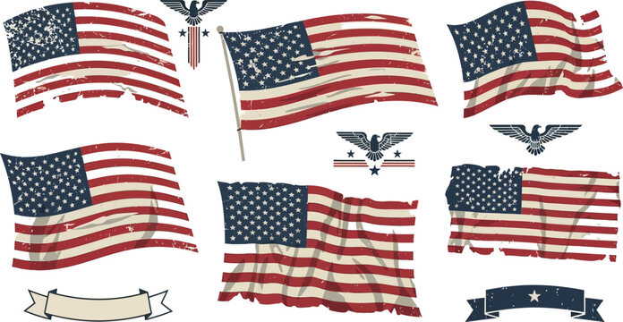 A collection of six distressed, waving, and tattered American flag graphics are presented alongside small eagle insignias and empty banner shapes.