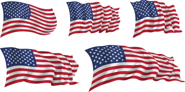 Multiple dynamic illustrations of the American flag waving in the wind show various sizes and realistic fabric folds.