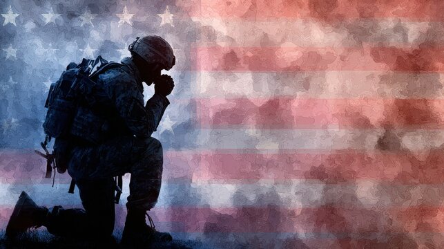 Kneeling Soldier Silhouette with American Flag Patriotic Memorial Tribute