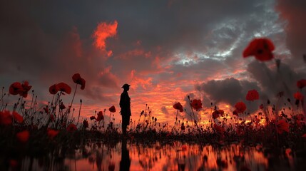 Fototapeta premium Silhouette Soldier Standing in Red Poppy Field at Dramatic Sunset