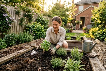 Obraz premium A lifestyle image capturing a person planting herbs in raised garden beds during late afternoon sunlight. The ultra-wide 16mm shot highlights hands, seedlings, and rich greenery with warm cinematic