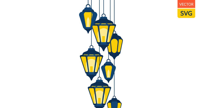 Hanging Moroccan Lanterns with Yellow Light on White Background