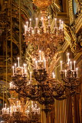 Obraz premium Ceiling lamps and architectural elements eclectic Beaux-Arts style of Second Empire in France, elements of neo-baroque, classicism and Roman architecture, golden stucco, rich decoration