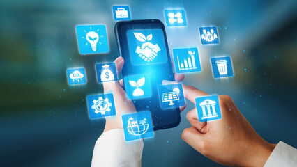 ESG icons show environmental impact, social responsibility, and corporate governance. ESG drives sustainability, ESG investment, ESG reporting, and business growth. Gist