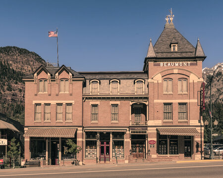 1886 Beaumont Hotel Facade in Ouray, Colorado, with San Juan Mountains