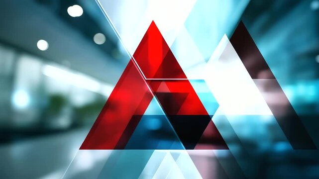 White background with red and blue lines forming triangle, defocused futuristic geometric composition, angular design, modern abstract pattern, tech-inspired aesthetic, with copy