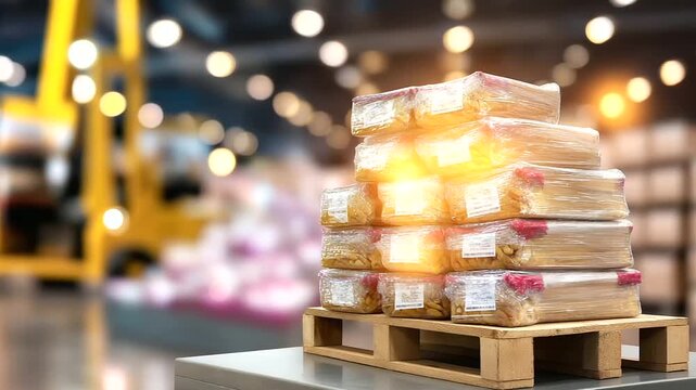 Neatly stacked pallet of shrink-wrapped food packages gleaming under industrial lights, ready for distribution in bustling warehouse, defocused background, with copy space