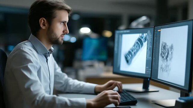 Engineer using CAD software on dual monitors, working on complex mechanical designs, planning manufacturing processes, man in shirt focusing on digital engineering project,