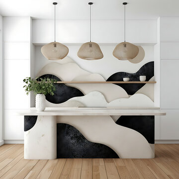 A kitchen where minimalist design merges with organic shapes and natural tones. The combination of light wood, black and white textures, and soft lines creates a modern, warm, and harmonious space. 