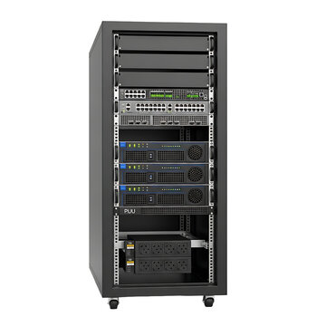 A large server cabinet with various equipment installed on a transparent background