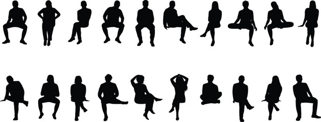 Seated human silhouette poses, diverse sitting posture vector, ergonomic design illustration, casual and formal seated figures, body language art sequence © It's Sumi Here