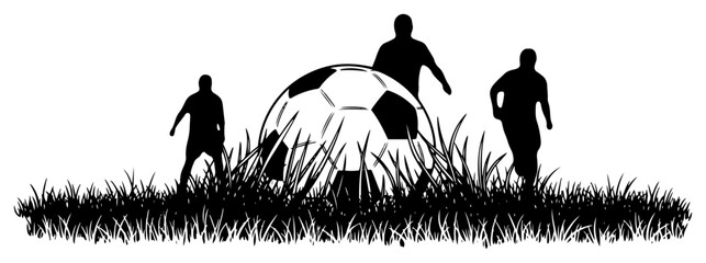 Soccer ball in grass field with silhouettes of players © Logan