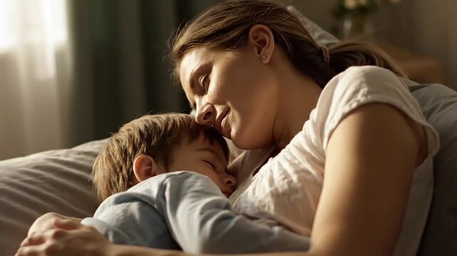 Cinematic close up scene of mother and young son sleeping in gentle embrace on bright white bed tranquil indoor setting soft warm lighting enhancing natural skin tones subtle breathing rhythm emphasiz