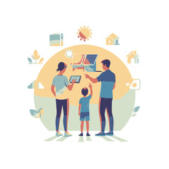 Vector illustration of family with devices and smart home icons