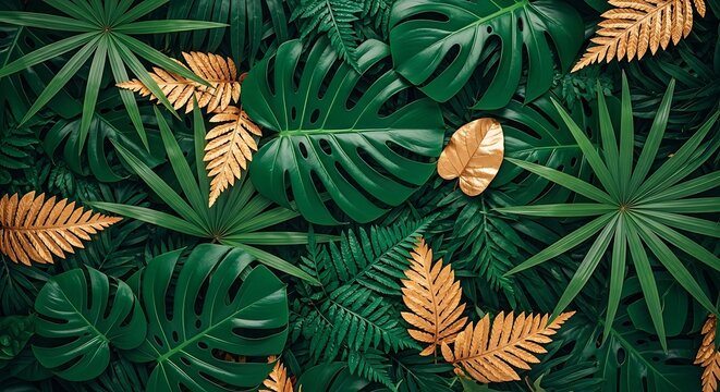 Vibrant tropical leaves with a single seed in the center of the image