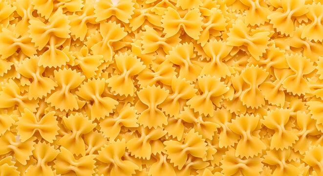 Dense arrangement of farfalle pasta forming a textured background, showcasing the intricate shapes and golden hues of this classic Italian staple, ideal for food-related designs.