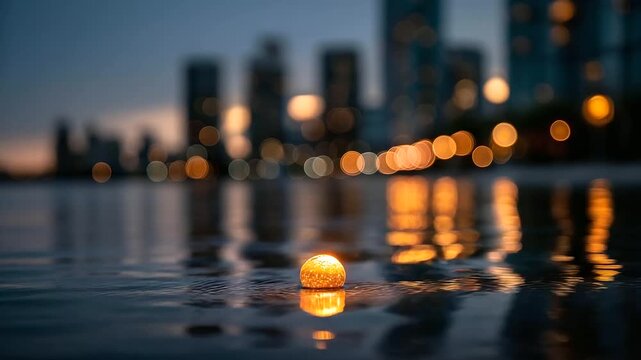 Glowing orange circle floating in water, defocused city lights background creating mystery and wonder, urban bokeh, aquatic reflection, atmospheric lighting, with copy space