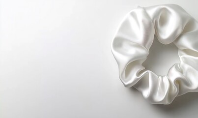 White Satin Hair Scrunchie on White Background.