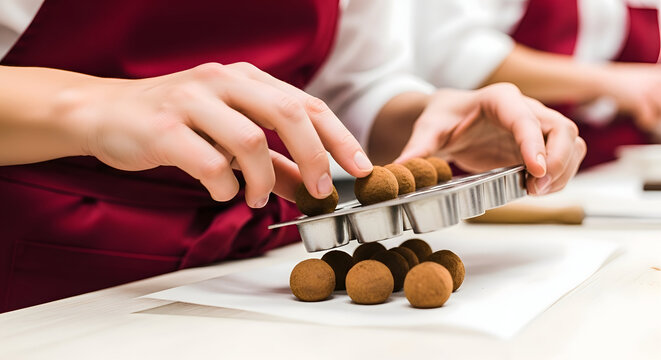 Hands carefully arranging chocolate truffles on parchment paper, held in a metallic tray, showcasing the art of confectionery and the meticulous process of creating decadent, bite-sized treats.