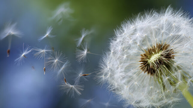 Dandelion seed head blowing in wind with delicate seeds flying away showing authentic nature and reality of plant life in soft focus