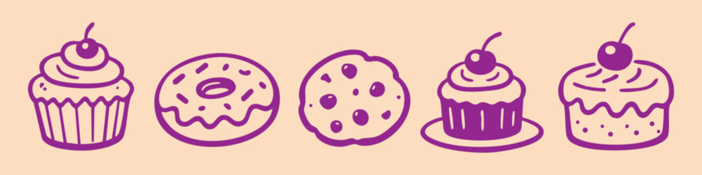 Hand-drawn purple line art of sweet treats including cupcakes, a donut, a cookie, and a pastry on a beige background. Cute bakery doodle set.
