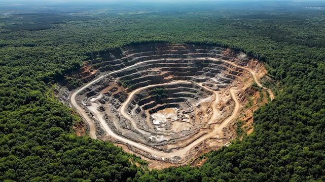 Open-Pit Mining: An expansive open-pit mine carved into the earth, revealing layers of rock and earth surrounded by verdant forest, highlighting the scope of industry and impact on the environment.