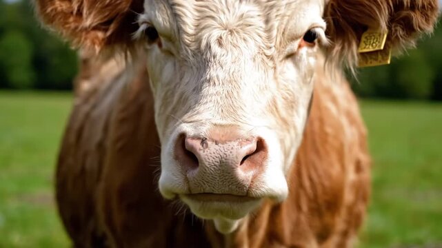 Close up portrait of a brown and white cow in a green field